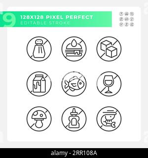 Pack of editable pixel perfect black allergen free icons Stock Vector