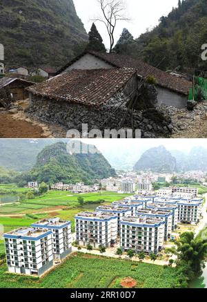 200827 -- DU AN, Aug. 27, 2020 -- In this combo photo, the upper taken by on Feb. 10, 2017 shows the former residence of Wei Aiwen in Santuan Village, and the lower taken by Zhou Hua on Aug. 18, 2020 shows an aerial view of a poverty-relief resettlement site that Wei s family has moved into, in Dongmiao Town of Du an Yao Autonomous County, south China s Guangxi Zhuang Autonomous Region. Du an Yao Autonomous County is known as the rocky kingdom, as 89 percent of its lands are covered by karst mountains. Suffering from rocky desertification, Du an has low agricultural yields. This, coupled with Stock Photo