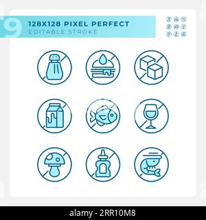 Pack of editable pixel perfect blue allergen free icons Stock Vector