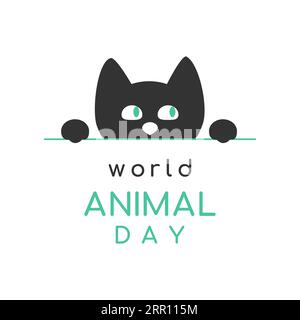 Postcard World Animal Day with funny cat. Logo, icon. Isolated, white background. Vector illustration Stock Vector
