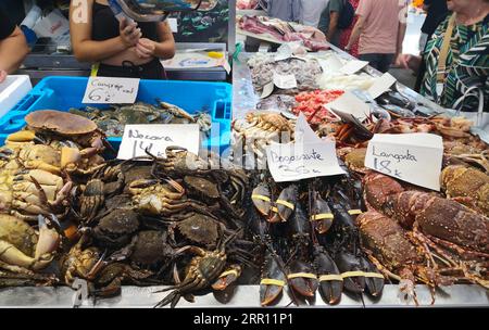 Cadiz, Spain - August 03, 2023: Cadiz Fish Market. Stunning Fresh fish stall in The Central Market of Cádiz, Andalusia, Spain. Stock Photo