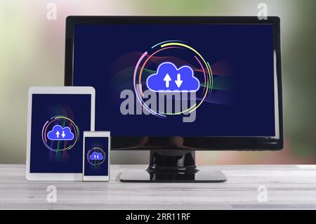 Cloud computing concept shown on different information technology devices Stock Photo