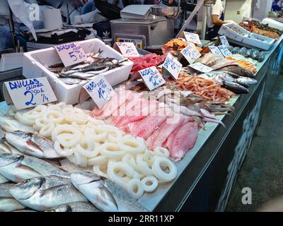 Cadiz, Spain - August 03, 2023: Cadiz Fish Market. Stunning Fresh fish stall in The Central Market of Cádiz, Andalusia, Spain. Stock Photo