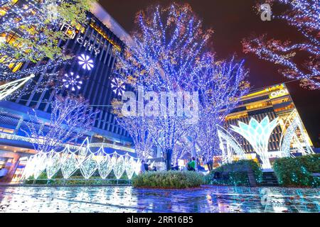 Fukuoka, Japan - Nov 29 2022: Fukuoka Christmas Market and Illuminations at the JR Hakata station is one of the biggest Christmas markets in Japan. Stock Photo