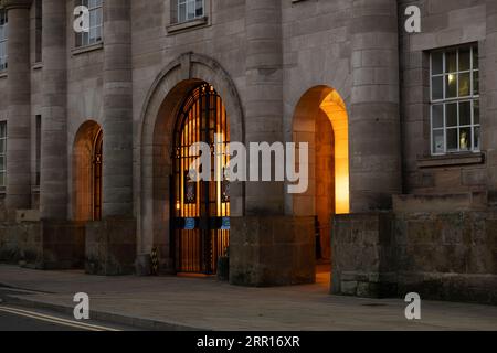 The Shire Hall gates at dawn, Northgate Street, Warwick, Warwickshire, England, UK Stock Photo
