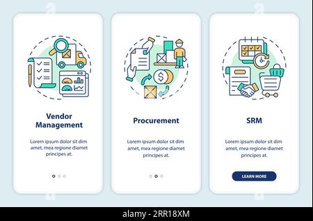Walkthrough vendor management with colorful icons concept Stock Vector