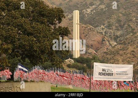 200911 -- LOS ANGELES, Sept. 11, 2020  -- Photo taken on Sept. 11, 2020 shows the Waves of Flags display at Pepperdine University in Malibu, the United States, to honor the victims of the 9/11 attacks. The Waves of Flags display commemorating the 19th anniversary of the 9/11 attacks was not open to the public this year due to the COVID-19 pandemic.  U.S.-MALIBU-9/11 ATTACKS-19TH ANNIVERSARY Xinhua PUBLICATIONxNOTxINxCHN Stock Photo