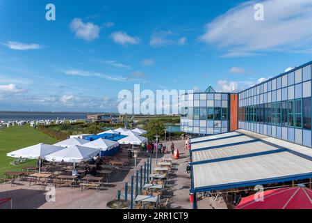 House of the guest with view of beach, Norddeich, Lower Saxony, Germany, Europe Stock Photo