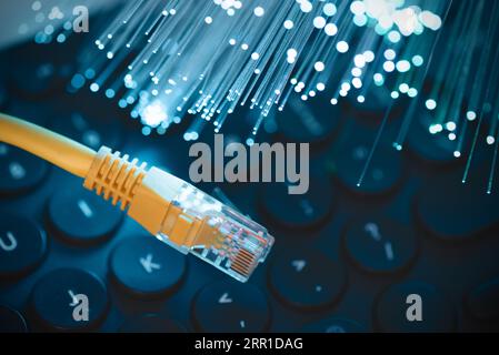 Internet cable, fiber optics concept. High speed fiber optic internet concept Stock Photo