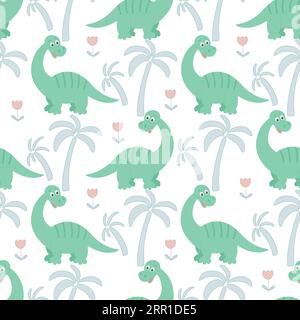 Baby seamless pattern with dinosaurs. Cute dino, palms and flowers background. Prehistoric characters print for textiles, paper, wallpapers. Wild anim Stock Vector