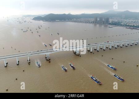 200917 -- BEIJING, Sept. 17, 2020 -- Aerial photo shows fishing boats sailing to the East China Sea in Zhoushan, east China s Zhejiang Province, Sept. 16, 2020. Fishing boats departed from ports in Zhejiang Province at noon on Wednesday, marking the end of the four-and-a-half month summer fishing ban in the East China Sea. Photo by /Xinhua XINHUA PHOTOS OF THE DAY YaoxFeng PUBLICATIONxNOTxINxCHN