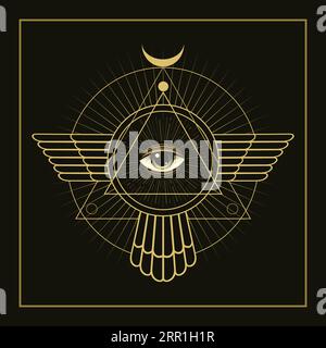 All Seeing Eye Esoteric in Triangle and Circle Masonic Mystical Geometry Alchemy isolated on black background. Vector Illustration Stock Vector