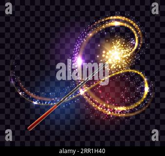 Magic wand with golden glowing sparkle trail shiny star dust and light effect isolated object on dark transparent background. Vector illustration Stock Vector