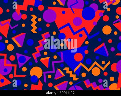 3D geometric seamless pattern in 80s style. 3d isometric triangles, zigzags and circles. Geometric memphis style. Design for promotional products, wra Stock Vector