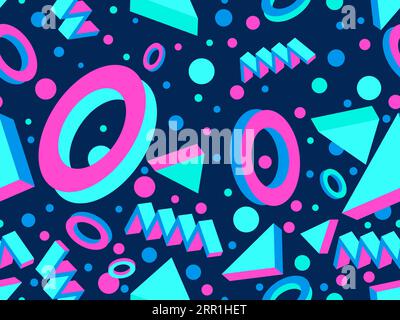 3D geometric seamless pattern in 80s style. 3d isometric triangles, zigzags and circles. Geometric memphis style. Design for promotional products, wra Stock Vector