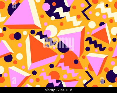 3d geometric seamless pattern in style of the 80s. 3d isometric triangles, squares and circles. Background for promotional products, wrapping paper an Stock Vector