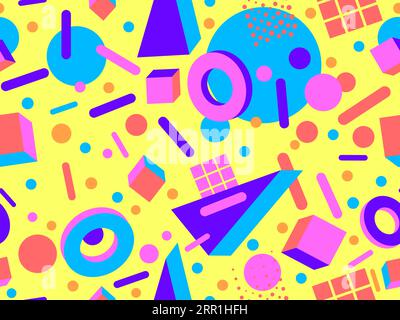 3d geometric seamless pattern in style of the 80s. 3d isometric triangles, squares and circles. Background for promotional products, wrapping paper an Stock Vector