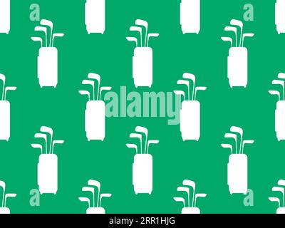 Golf clubs in a bag seamless pattern. White silhouettes of bags with golf clubs on a green background. Golf equipment. Design of banners and posters, Stock Vector