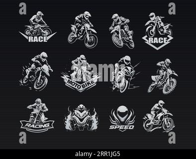 Bold and modern motorcycle icon set in a dynamic edgy style. Power and adrenaline black and white icons for motocross enthusiasts. Versatile Stock Vector