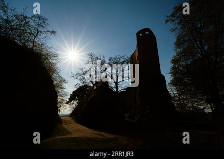 Stone gothic ruins of old rock medieval castle Valecov, Bohemian Paradise, Bosen, Czech Republic Stock Photo