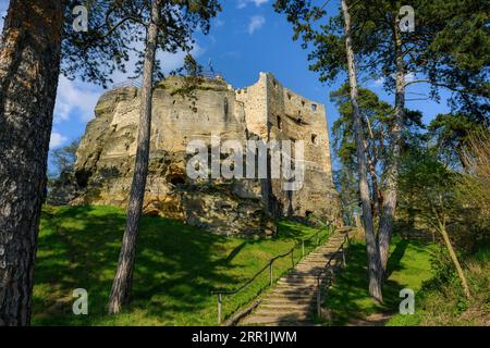 Stone gothic ruins of old rock medieval castle Valecov, Bohemian Paradise, Bosen, Czech Republic Stock Photo