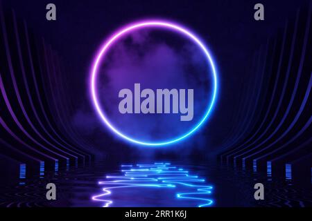Round portal Neon lights Abstract background Glowing lines Tunnel ...