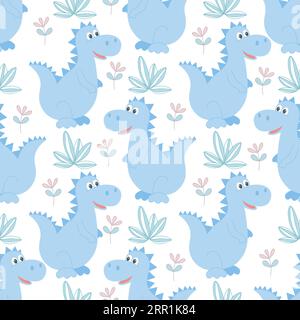 Dinosaurs, herbs and flowers seamless pattern. Cute dino characters background for boy. Funny cute animal print for textile, paper, wallpaper and desi Stock Vector