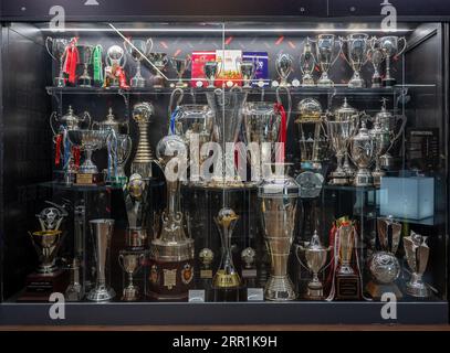 Manchester United Museum displaying silverware at Old Trafford stadium in Manchester, UK Stock Photo