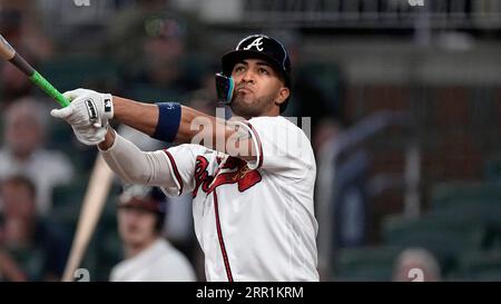 Atlanta Braves left fielder Eddie Rosario (8) makes a catch against the  Miami Marlins during a baseball game Wednesday, April 26, 2023, in Atlanta.  (AP Photo/John Bazemore Stock Photo - Alamy