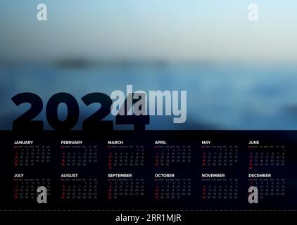 Vector black vertical calendar layout template for the year 2024 (weeks strart monday) with place for your photo. Dark template with all calendar mont Stock Vector