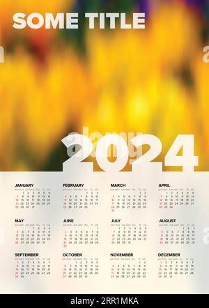 Vector white calendar layout template for the year 2024 (weeks strart sunday) with place for your photo. Light vertical template with all calendar mon Stock Vector
