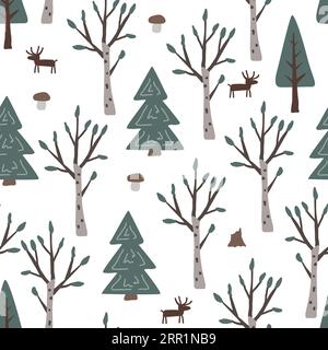 Doodle hand drawn birch and fir trees forest and deers. Cartoon flat Scandinavian style, design textile fabric, wrapping paper, wallpaper, kids Stock Vector