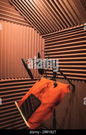 Microphone pop filter equipment attached on stand while tablet with black screen placed on desk with red cloth in recording room of studio in lights Stock Photo