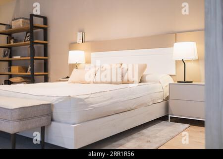 Interior design of sample modern bedroom in furniture store with comfortable bed pillows shelves side lamps and blurred iron rack with wooden planks Stock Photo