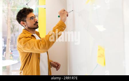 Side view of serious ethnic male in eyeglasses writing with marker on whiteboard while working in modern office Stock Photo