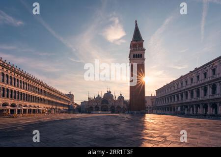 Spectacular view of Saint Marks Campanile bell tower of Saint Marks Basilica on Saint Marks Square near Doges Palace and library of saint mark in Veni Stock Photo