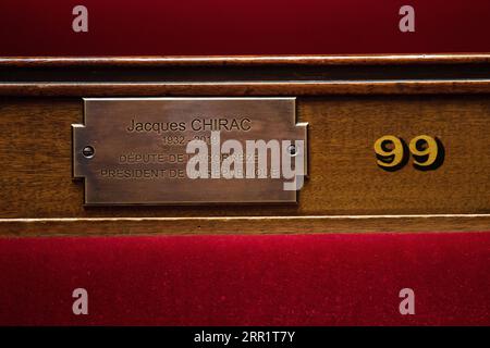 200924 -- PARIS, Sept. 24, 2020 -- Photo taken on Sept. 23, 2020 shows a commemorative plaque in tribute to late former French president Jacques Chirac at the auditorium of the National Assembly in Paris, France. An inauguration ceremony was held Wednesday here after a commemorative plaque in tribute to Jacques Chirac was installed at the auditorium of the National Assembly. Photo provided by /Xinhua FRANCE-PARIS-NATIONAL ASSEMBLY-CHIRAC-COMMEMORATIVE PLAQUE JackxChan PUBLICATIONxNOTxINxCHN Stock Photo