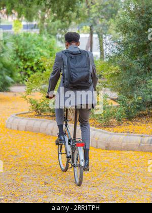 Back view of anonymous male in formal suit backpack looking away while riding bicycle on yellow fallen leaves path in autumn trees park in daylight Stock Photo