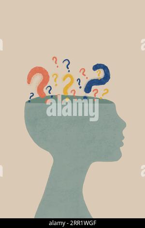 Illustration of mental health concept of open human head silhouette with question marks thinking business growth performance against gray background Stock Photo