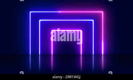 Abstract background with neon lights of green blue white pink violet colors glowing in square shapes lines on shiny reflecting stage Stock Photo