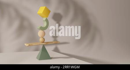 High angle of different geometric shaped objects square half ring spheres and rectangle plank placed balancing on tip of green pyramid on white ground Stock Photo