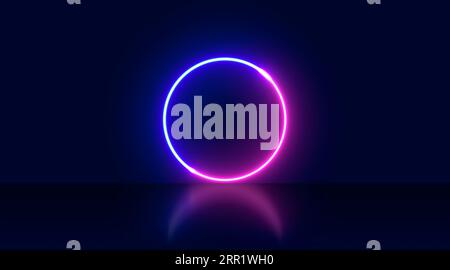 Abstract background of glowing neon lights of white pink colors on circle shaped lines on shiny reflecting stage Stock Photo