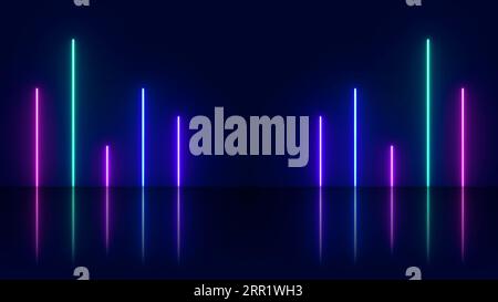 Abstract background with neon lights of green blue white pink violet colors glowing perpendicular lines on shiny reflecting stage Stock Photo