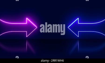 Abstract background with glowing neon lights of blue pink colors on opposite facing arrows on shiny reflecting stage Stock Photo