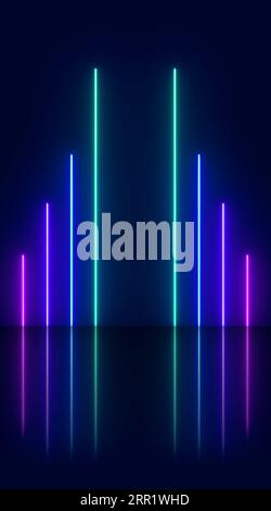 Abstract background with neon lights of green blue white pink violet colors glowing perpendicular lines on shiny reflecting stage Stock Photo