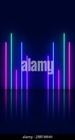 Abstract background with neon lights of green blue white pink violet colors glowing perpendicular lines on shiny reflecting stage Stock Photo