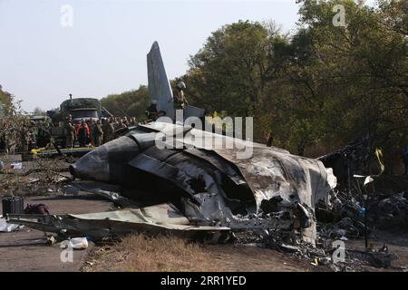 200926 -- KHARKIV, Sept. 26, 2020 -- Photo taken on Sept. 26, 2020 shows the crash site of an An-26 military aircraft in Chuguev, Kharkiv region, Ukraine. The death toll from the Ukrainian military plane crash rose to 26, after one of the two people with serious condition died in hospital, the State Emergency Service of Ukraine said on Saturday. The An-26 military aircraft with 27 people on board crashed on Friday. The plane was performing a training flight and was landing at the airfield of a military base near the city of Chuguev, Kharkiv region. Photo by Sergey Starostenko/Xinhua UKRAINE-KH Stock Photo