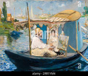 Claude Monet painting in his studio boat, portrait painting in oil on canvas by Edouard Manet, 1874 Stock Photo