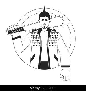 Aggressive punk with baseball bat flat line black white vector character Stock Vector