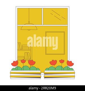 Balcony window with flowers in pots flat line concept vector spot illustration Stock Vector